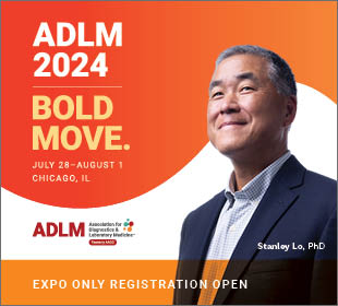 A banner featuring an image of ADLM laboratorian Dr. Stanley Lo that has the words “ADLM 2024 Bold Move” in all caps and big font.